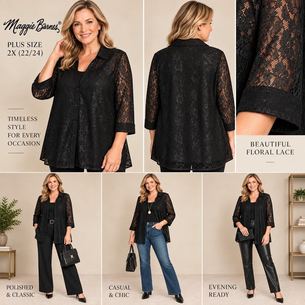 MAGGIE BARNES Womens Plus 2XL Tunic Blouse Lace Overlay Lined 3/4 Sleeve Buttons